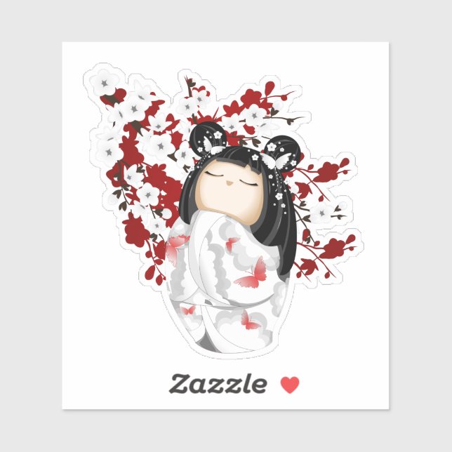Kokeshi Doll Red Black White Cherry Blossoms Stick Sticker (Sheet)