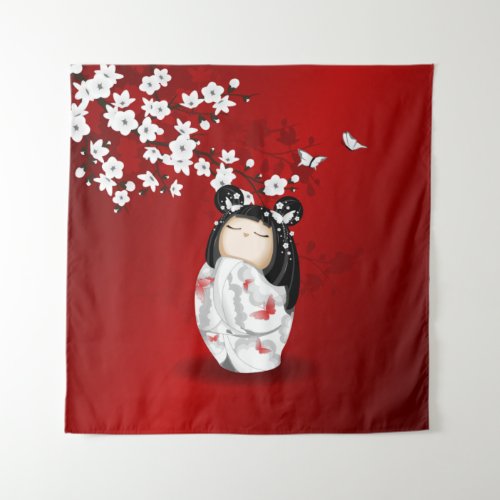 Kokeshi Doll Red Black White Cherry Blossoms Tapestry