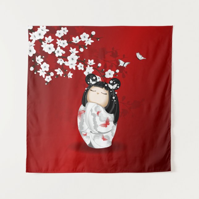 Kokeshi Doll Red Black White Cherry Blossoms Tapestry (Front)