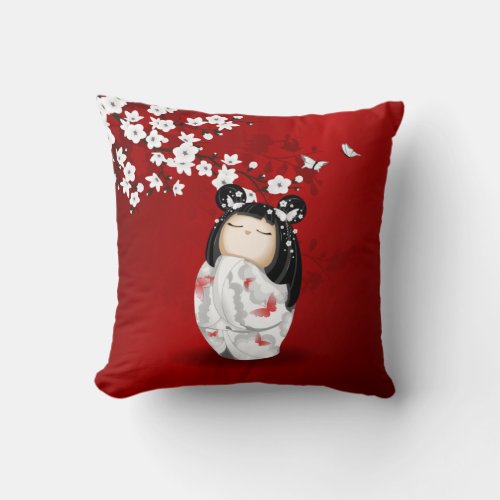 Kokeshi Doll Red Black White Cherry Blossoms Throw Pillow