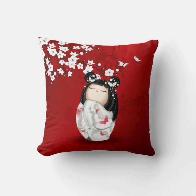 Kokeshi Doll Red Black White Cherry Blossoms Throw Pillow (Front)