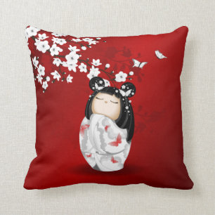 Kokeshi Doll Red Black White Cherry Blossoms Throw Pillow