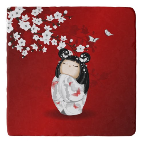Kokeshi Doll Red Black White Cherry Blossoms Trivet