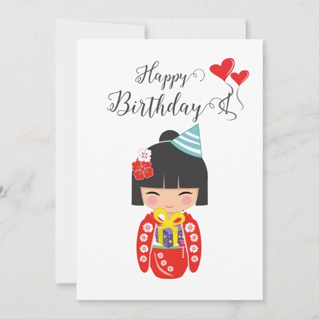 Kokeshi Doll Red Happy Birthday Card (Front)
