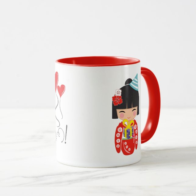 Kokeshi Doll Red Happy Birthday Mug (Front Right)