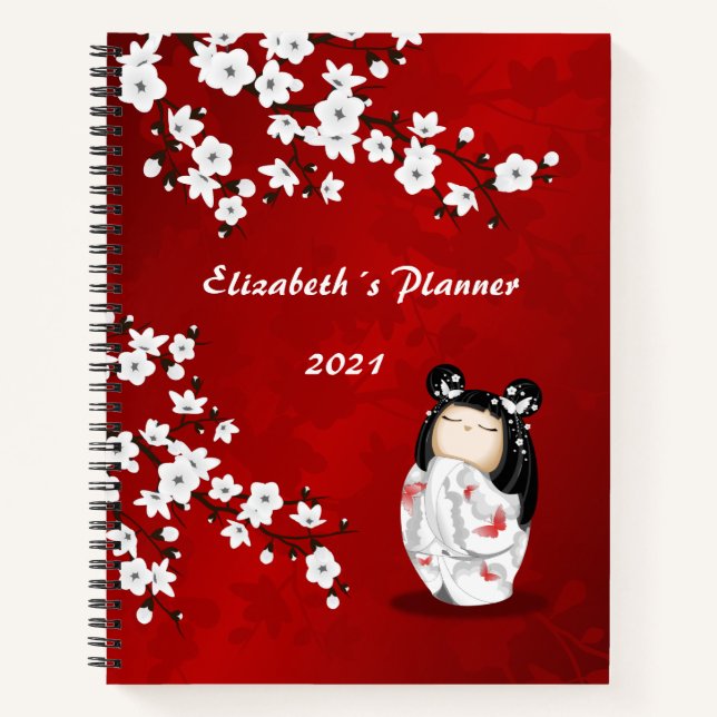 Kokeshi Doll Red  White Cherry Blossom Your Name Notebook (Front)
