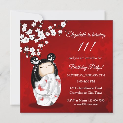 Kokeshi Doll Red White  Girls Birthday Invitation