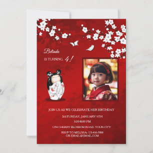 Kokeshi Doll Red White `Photo Girl's Birthday Invitation