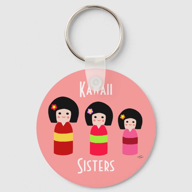 Kokeshi Doll Sisters Cartoon Keychain (Front)