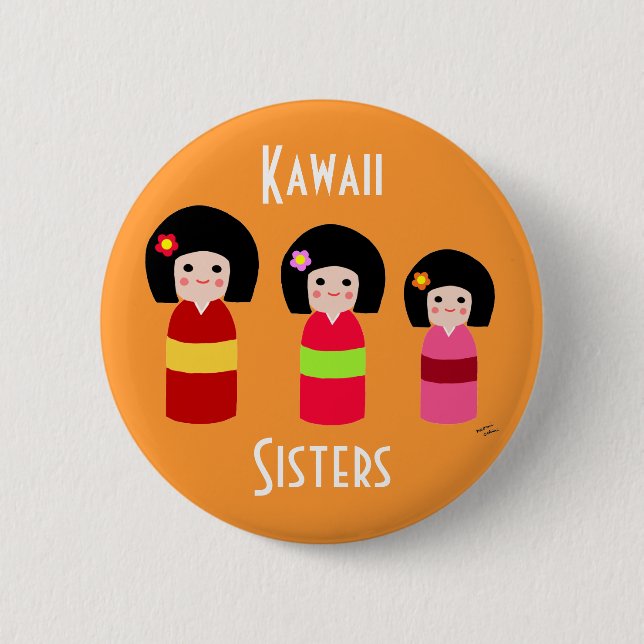 Kokeshi Doll Sisters Cartoon Pinback Button (Front)