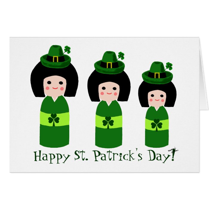 Kokeshi Doll Sisters Cartoon St. Patrick's Cards