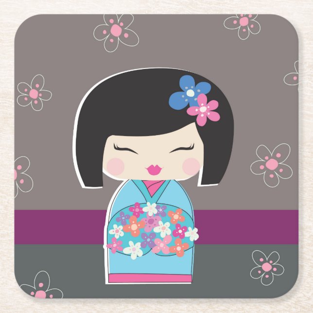 Kokeshi Doll Square Paper Coaster (Front)