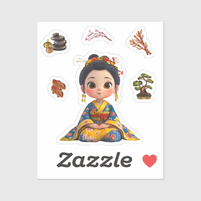 Kokeshi Doll Sticker Blue and Gold (Sheet)