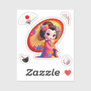 Kokeshi Doll Sticker Pink and Yellow with Umblella