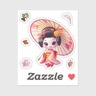 kokeshi doll stickers, Geisha with Umbrella Sticker