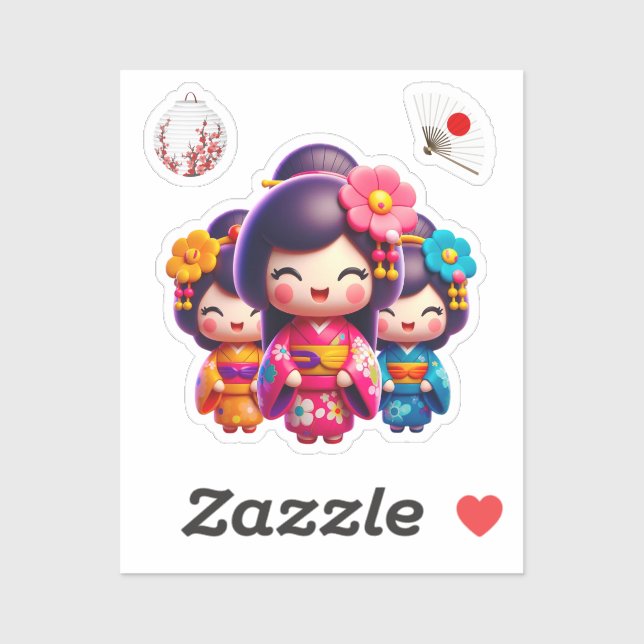 Kokeshi Doll, Three Lovely Geisha Sticker (Sheet)