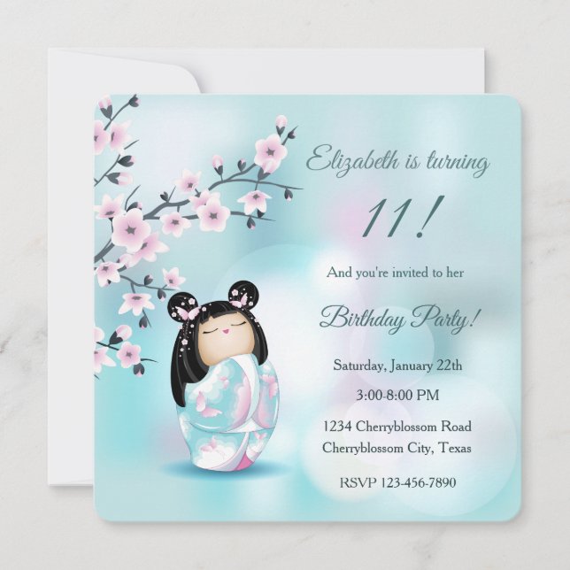 Kokeshi Doll Turquoise Girl´s Birthday Invitation (Front)