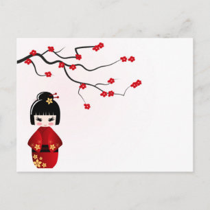 Kokeshi doll under sakura branch postcard