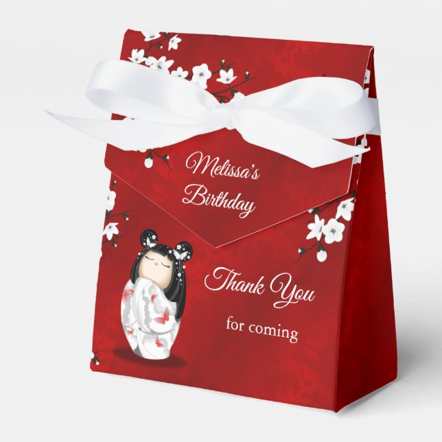 Kokeshi Doll White Red Birthday Thank You Favor Boxes (Front Side)