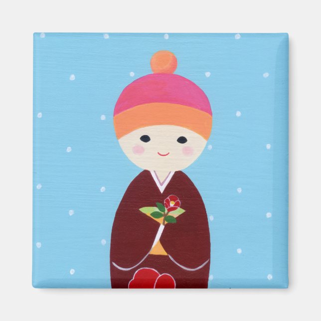 Kokeshi Doll with Camellia Magnet (Front)