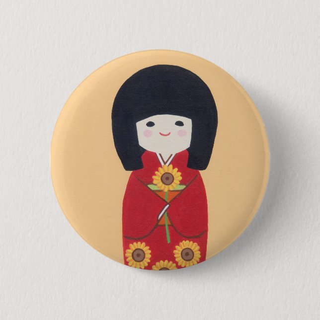Kokeshi Doll with Sunflower Pinback Button (Front)