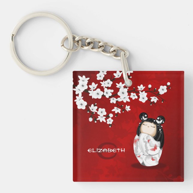 Kokeshi DollRed Black And White Cherry Blossom Key Keychain (Front)