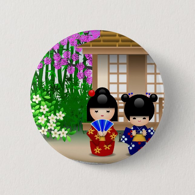 Kokeshi Dolls and Teahouse Button (Front)