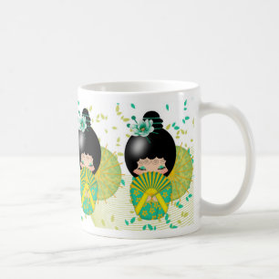 Kokeshi Dolls In Green And Yellow Mug