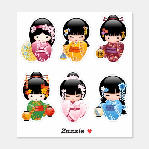 Kokeshi Dolls Set 1 _ Japanese Kimono Geisha Girls Sticker