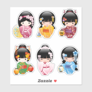 Kokeshi Dolls Set 1 - Japanese Kimono Geisha Girls Sticker