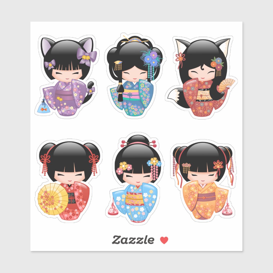 Kokeshi Dolls Set 2 - Japanese Kimono Geisha Girls Sticker