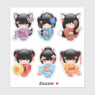 Kokeshi Dolls Set 2 - Japanese Kimono Geisha Girls Sticker