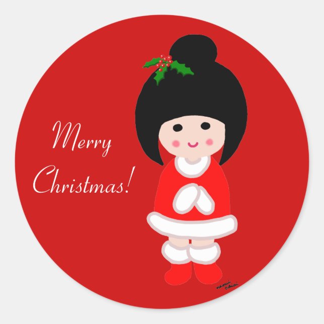 Kokeshi Girl Christmas in Red Classic Round Sticker (Front)