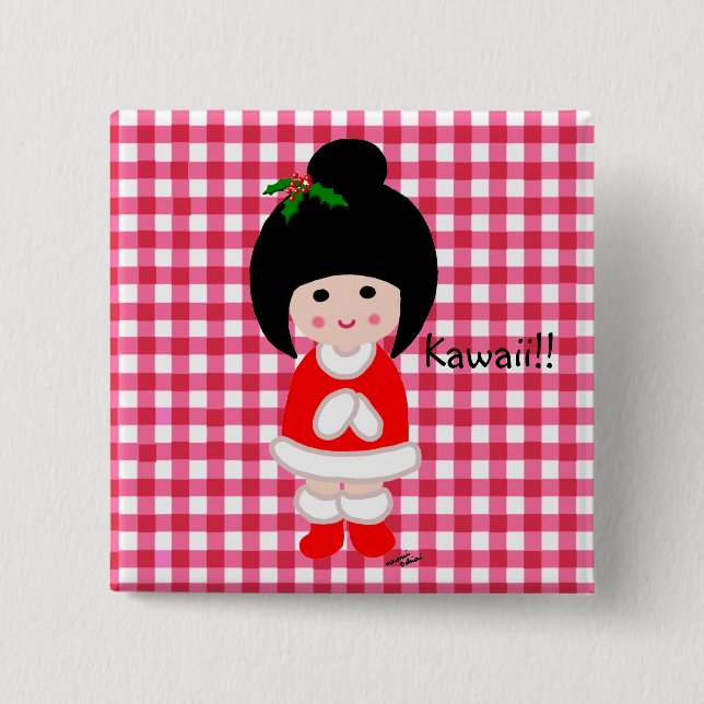 Kokeshi Girl Christmas Pinback Button (Front)