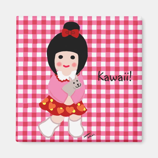 Kokeshi Girl with her Puppy Magnet (Front)