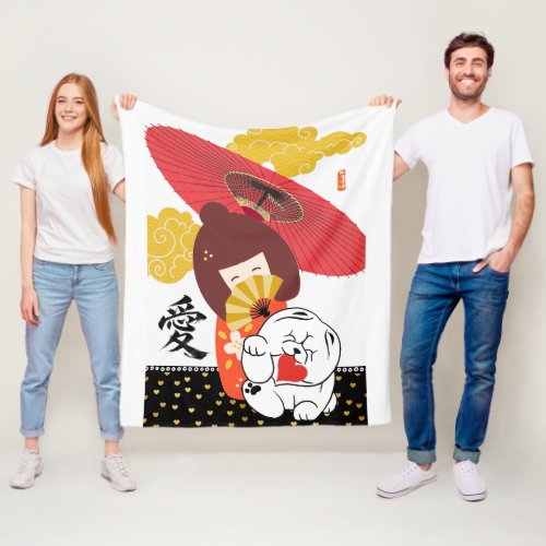 KOKESHI LOVE  Chow dog heart  Fleece Blanket