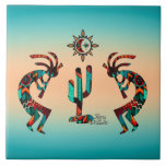 Kokopelli And Cactus Ceramic Tile<br><div class="desc">Brighten Your Home with this Unique "One of a Kind" Two Southwest Kokopelli Ceramic Tile!  It Features a TwoSouthwest Kokopelli Playing the Flute and Dancing Around a Cactus Under the Sun on a Turquoise and Orange Sunset Background!
This is an Original Art Design By Artist Kerry Miller.</div>