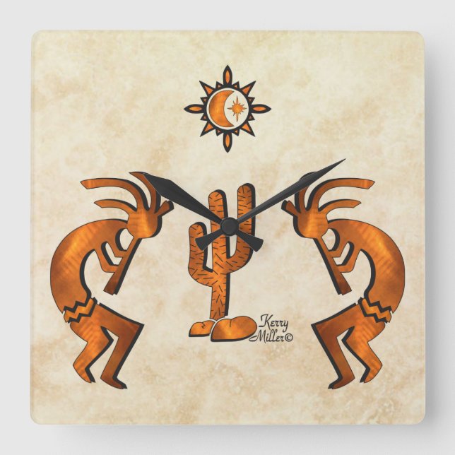 Kokopelli And Cactus Square Wall Clock (Front)