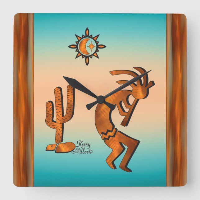 Kokopelli And Cactus Square Wall Clock (Front)
