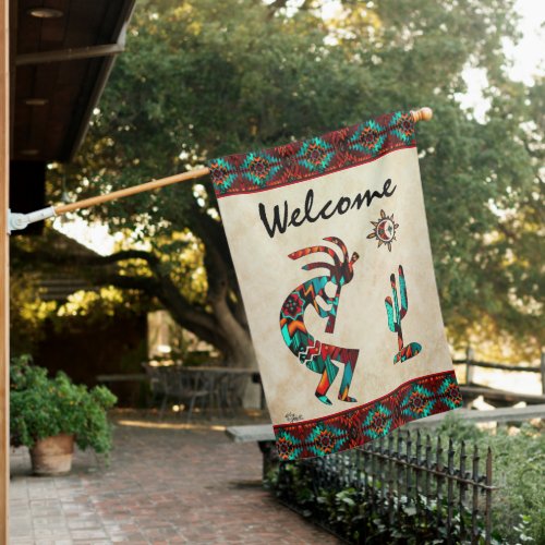 Kokopelli And Cactus Welcome House Flag