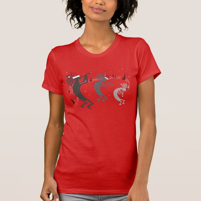 Kokopelli Christmas Ladies Red T-Shirt (Front)