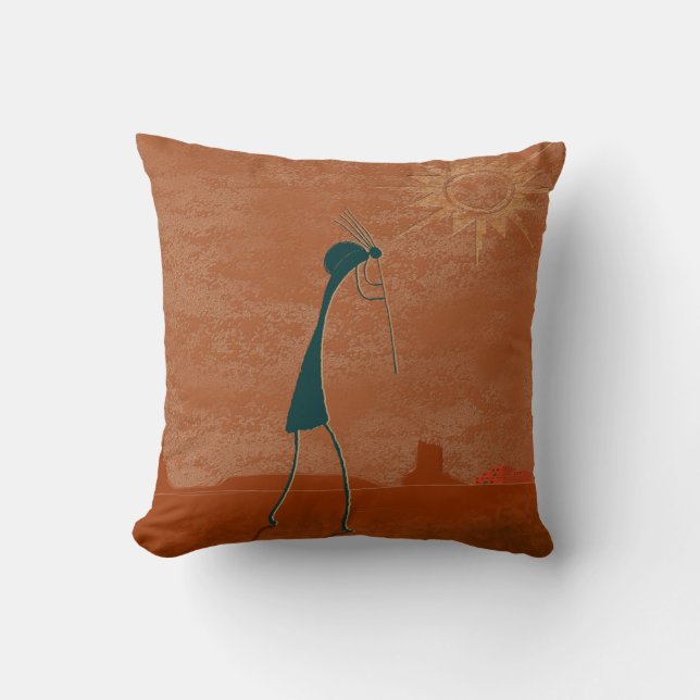 Kokopelli Comes Throw Pillow (Front)