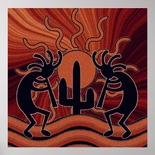 Kokopelli Cuctus Desert Sun Southwest Motif Poster