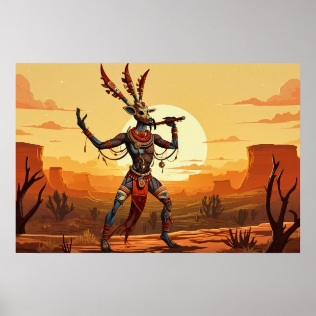 Kokopelli Dancing Playing Flute On Desert Plateau Poster (Front)
