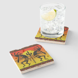 Kokopelli Desert Sun Cactus Rustic Southwest Stone Coaster