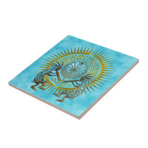 Kokopelli Duo - Man In The Maze - Sun 1 Ceramic Tile