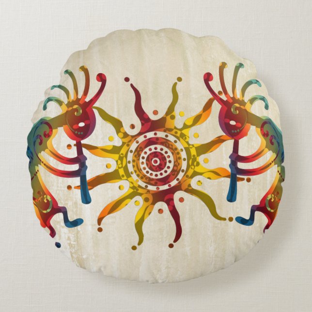 KOKOPELLI DUO SUN + your ideas Round Pillow (Front)