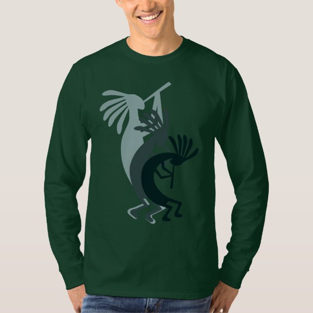 Kokopelli Gets Down Music Mens Green LS Tshirt (Front)
