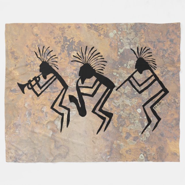 Kokopelli Horn and Flute Player Petroglyph Fleece Blanket (Front (Horizontal))