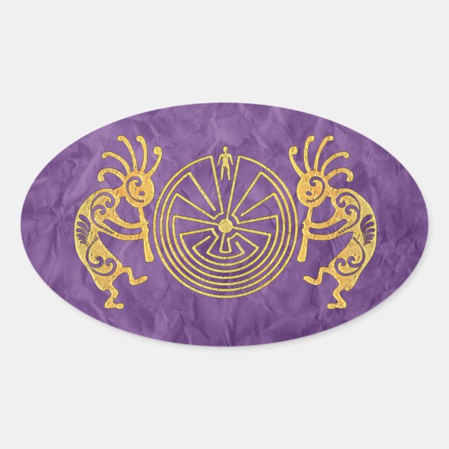 KOKOPELLI / MAN IN THE MAZE gold + your ideas Oval Sticker (Front)